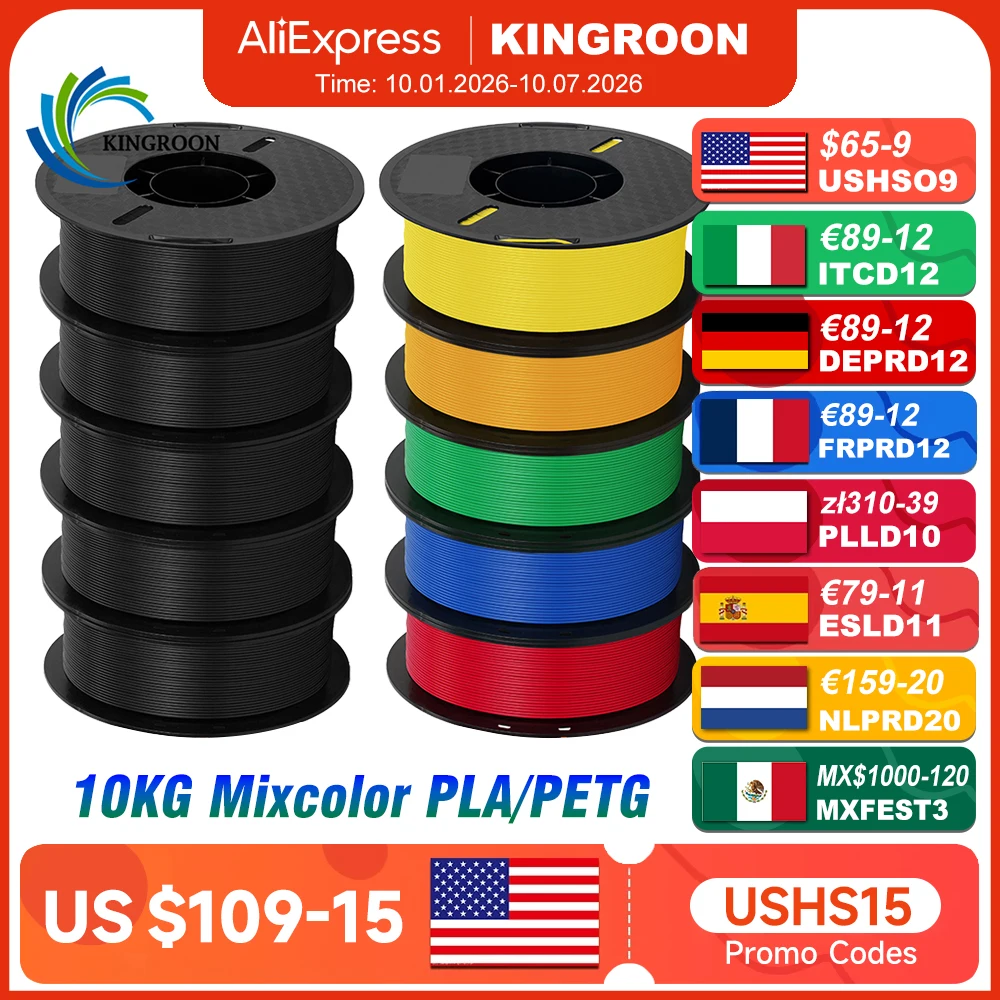 KINGROON 10KG PLA Filament PETG 3D Filament 1.75mm For 3D Printer Filament Bundle Mixed Colors FDM Printing Material Fast Ship